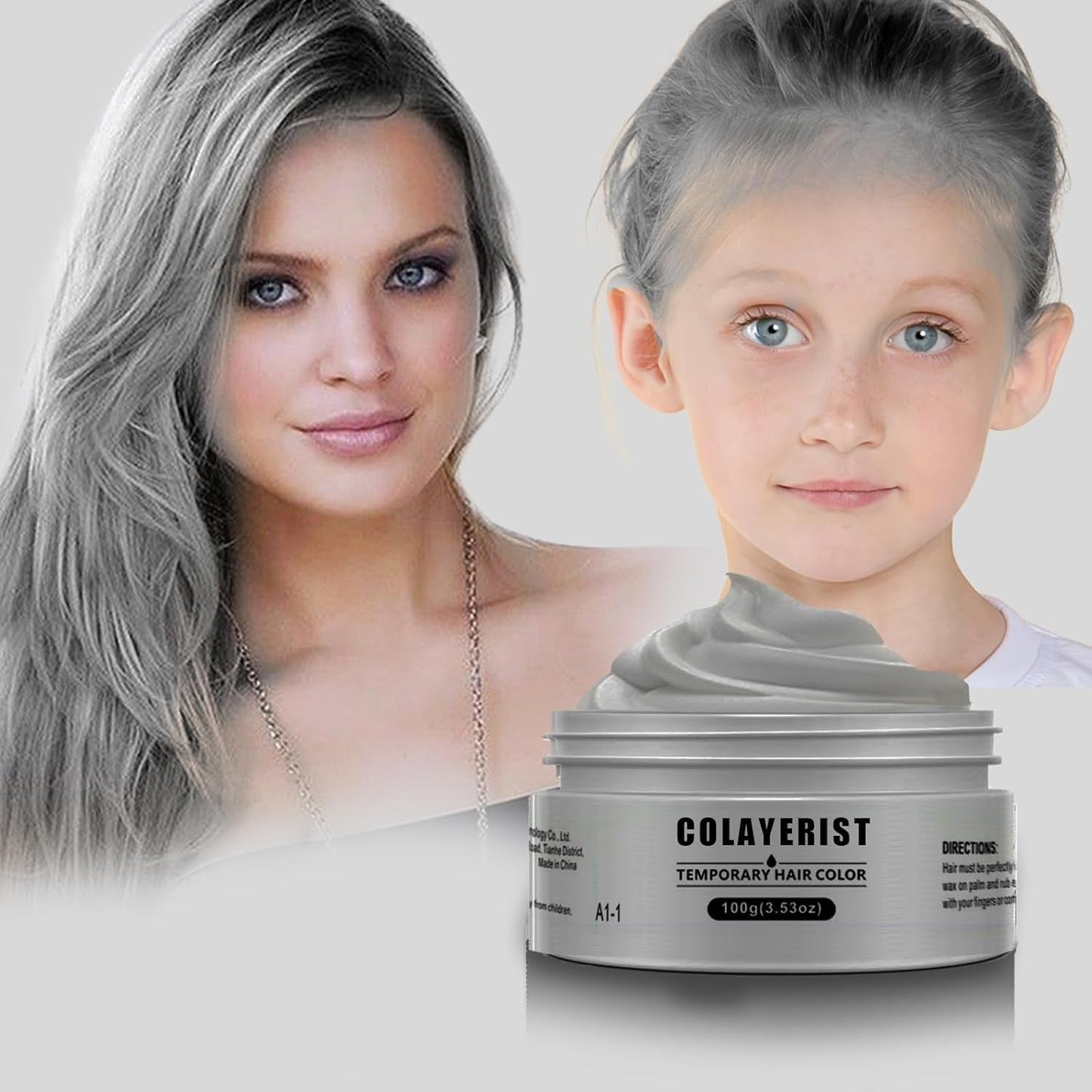 COLAYERIST Temporäre, waschbare schwarze Haarfarbe, Haarfärbewachs für Männer und Frauen, Haarwimperntusche für Party oder Cosplay, saubere Haarfärbeprodukte, Naty Shop Haarfärbemittel Silbergrau
