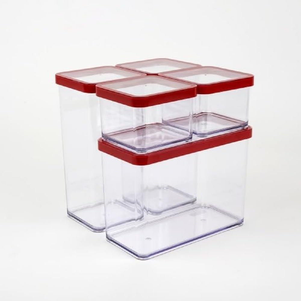 Rotho Loft 5er-Set Vorratsdosen mit Deckel, verschiedene Größen, Lebensmittelkunststoff (PP), BPA-frei, transparent/rot, (21,4 x 21,4 x 23,5 cm) Naty Shop Frischhaltedosen 5er-Set (1X 2,1L + 2X 1,5L + 2X 0,5L)