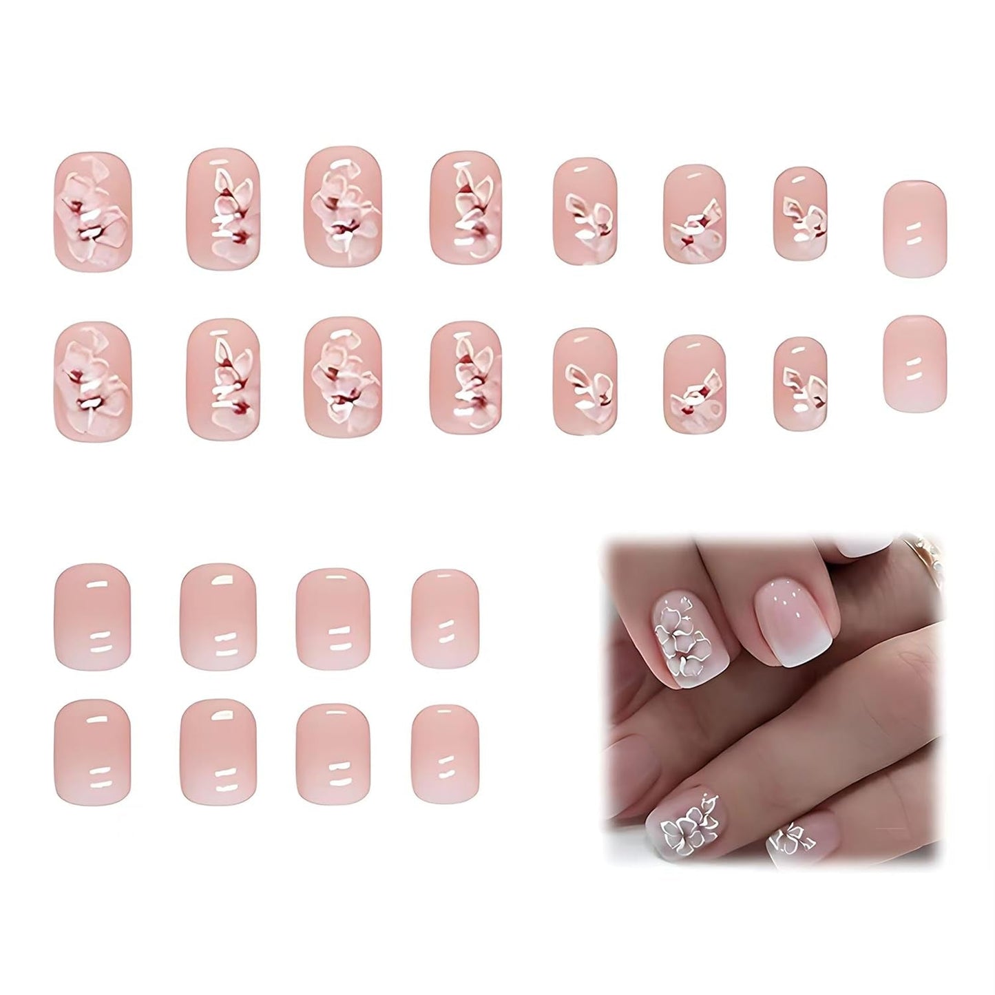 24 Stück weiße quadratische Nägel zum Aufkleben, rosa Farbverlauf, Blumenmuster, zum Aufdrücken der Nägel, künstliche Nägel, falsche Nagelkunst, französische quadratische Nägel, künstliche Nägel für Frauen