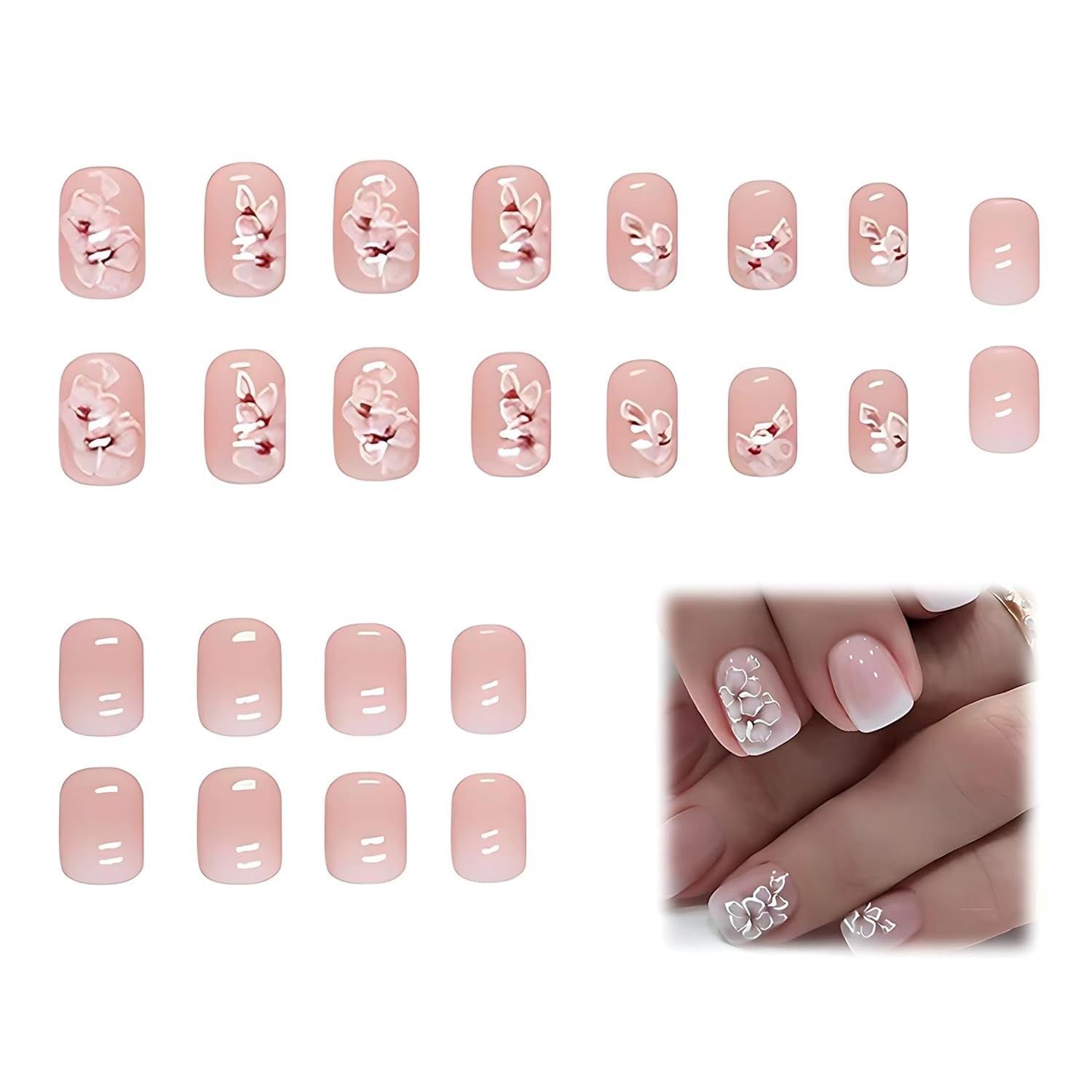 24 Stück weiße quadratische Nägel zum Aufkleben, rosa Farbverlauf, Blumenmuster, zum Aufdrücken der Nägel, künstliche Nägel, falsche Nagelkunst, französische quadratische Nägel, künstliche Nägel für Frauen