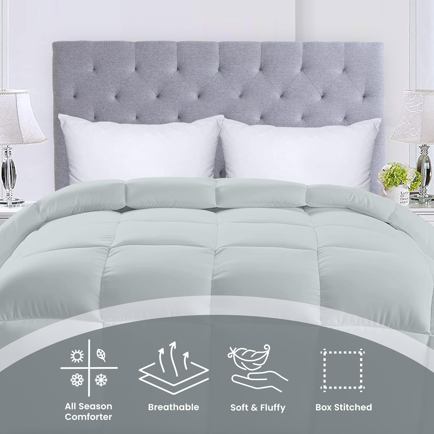 Utopia-Bettwäsche, Ganzjahresdecke, 250 g/m², Plüschfüllung aus silikonisierter Faser, Doppelbett, genäht in Box (Doppelbett XL, hellgrau), Naty Shop Quilts & Quilts