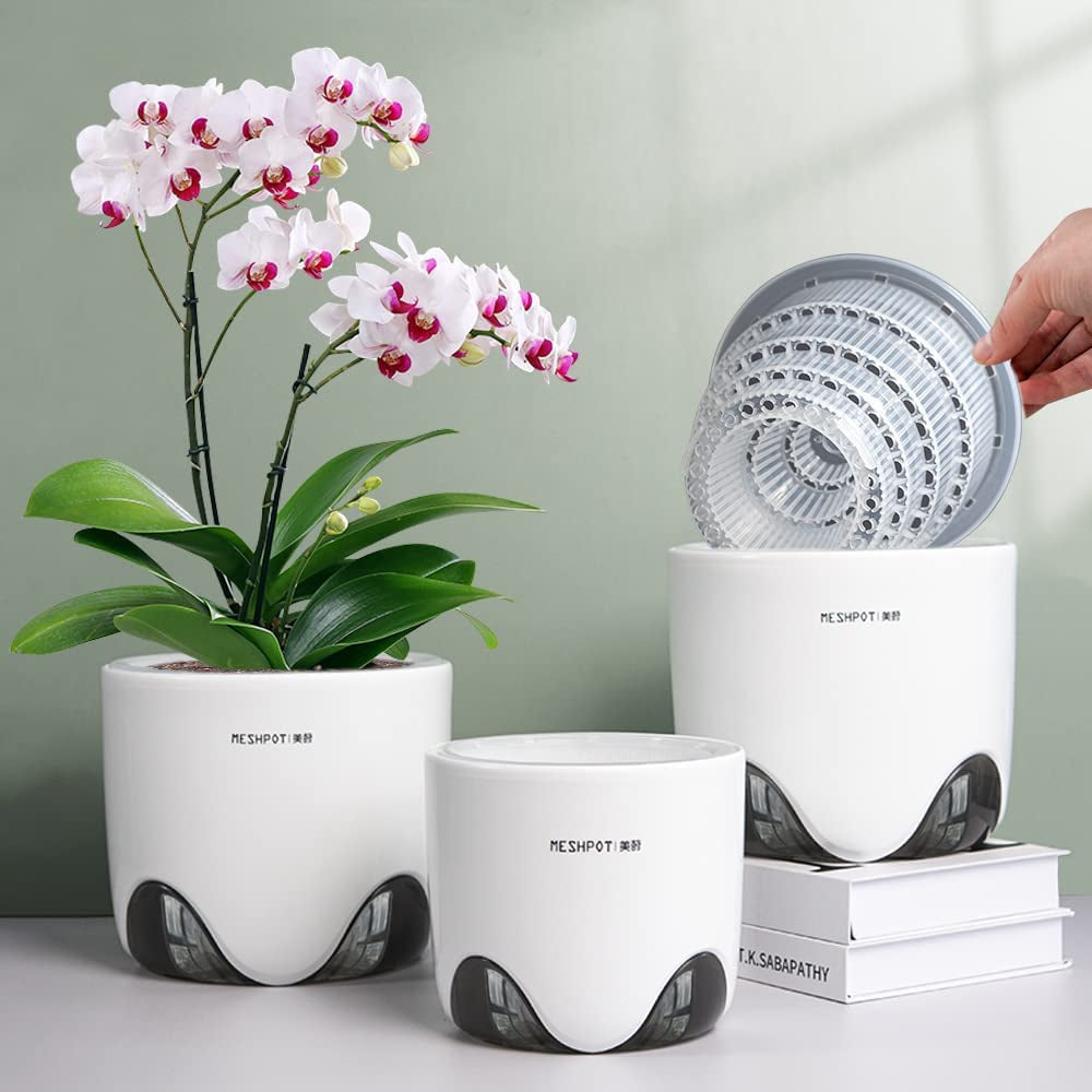 Orchideen-Blumentopf mit Drainagelöchern zum Umpflanzen, hervorragende Luftzirkulation, 2 Stück, doppelschichtiger Kunststoff, Keramik-Orchideen-Übertopf, transparenter Orchideen-Blumentopf, dekorativ