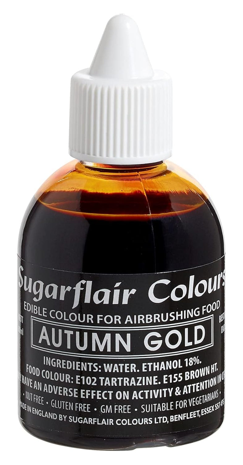 Sugarflair Airbrush-Lebensmittelfarbe Golden Gold, essbare flüssige Lebensmittelfarbe, Airbrush-Färbung für Kuchen, Muffins, Glasur und Kuchendekoration – 60 ml