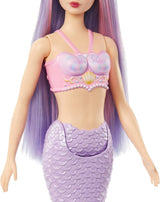Barbie-Meerjungfrau-Puppe mit rosa und lilafarbenem Haar und Stirnband, Muscheloberteil und lavendelblauer Schwanzflosse, HRR06 Naty Shop-Puppen