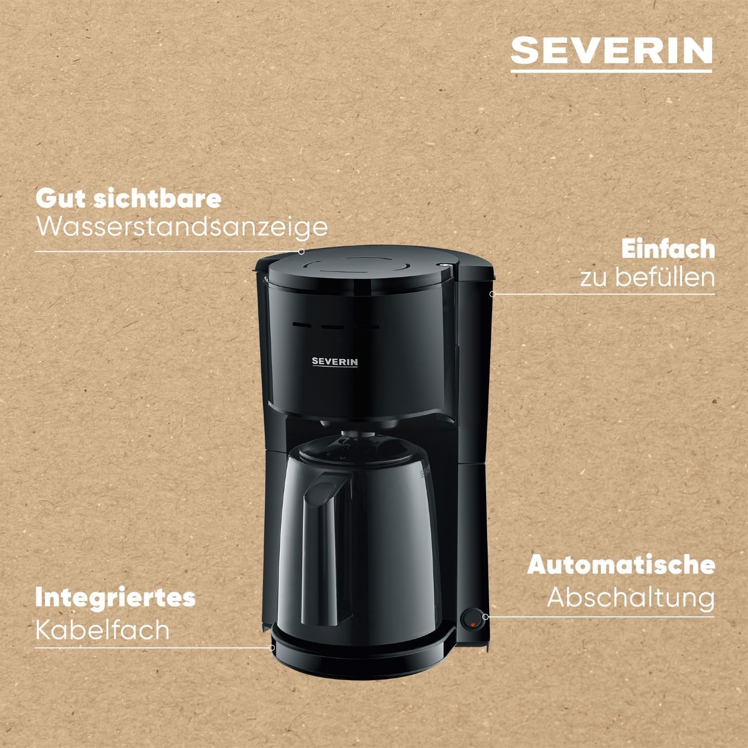 SEVERIN Filterkaffeemaschine mit Thermokaraffe, Kaffeemaschine für bis zu 8 Tassen, attraktiver Filterkaffeebereiter mit isolierter Karaffe, Schwarz, 1 Liter, KA 9306