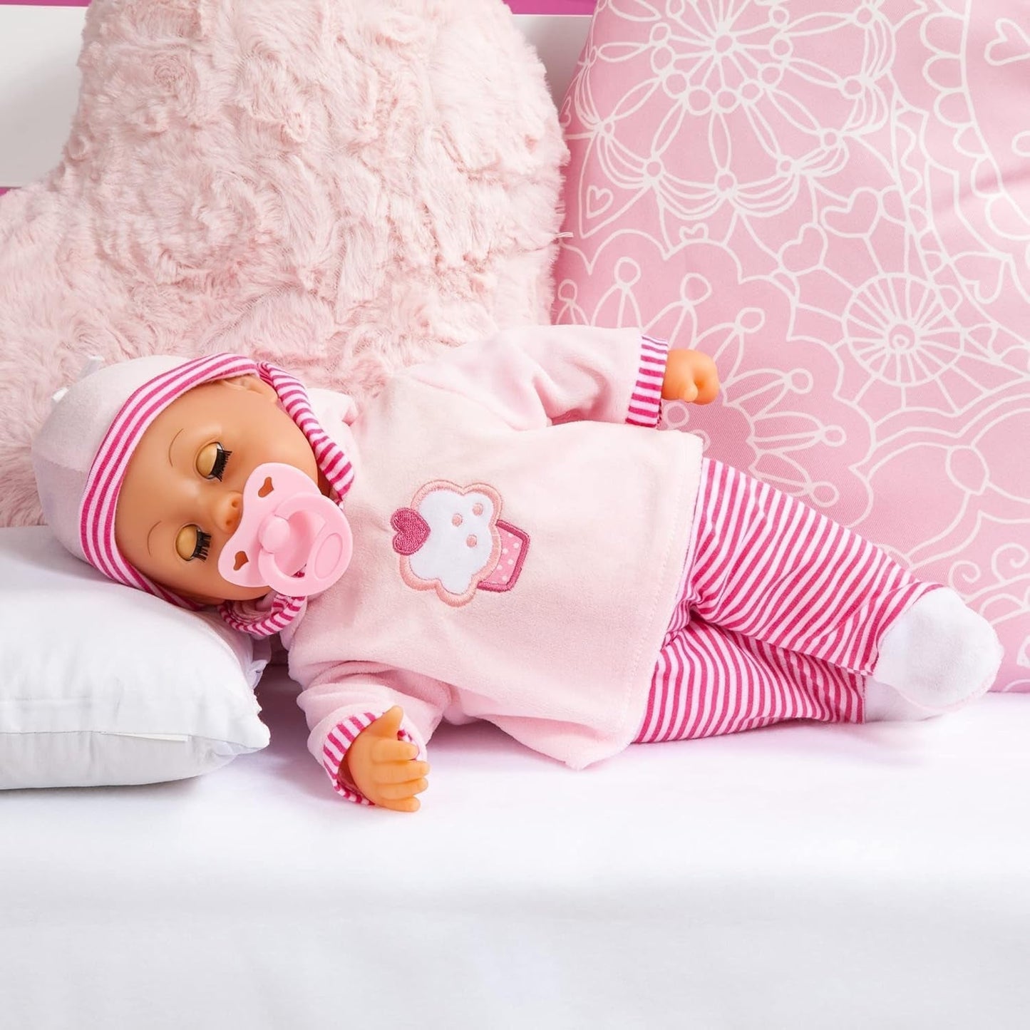 First Words Puppe mit Schlafaugen, spricht 24 Babygeräusche, mit Puppe und Flasche, 38 cm, rosa/gestreift Naty Shop Dolls