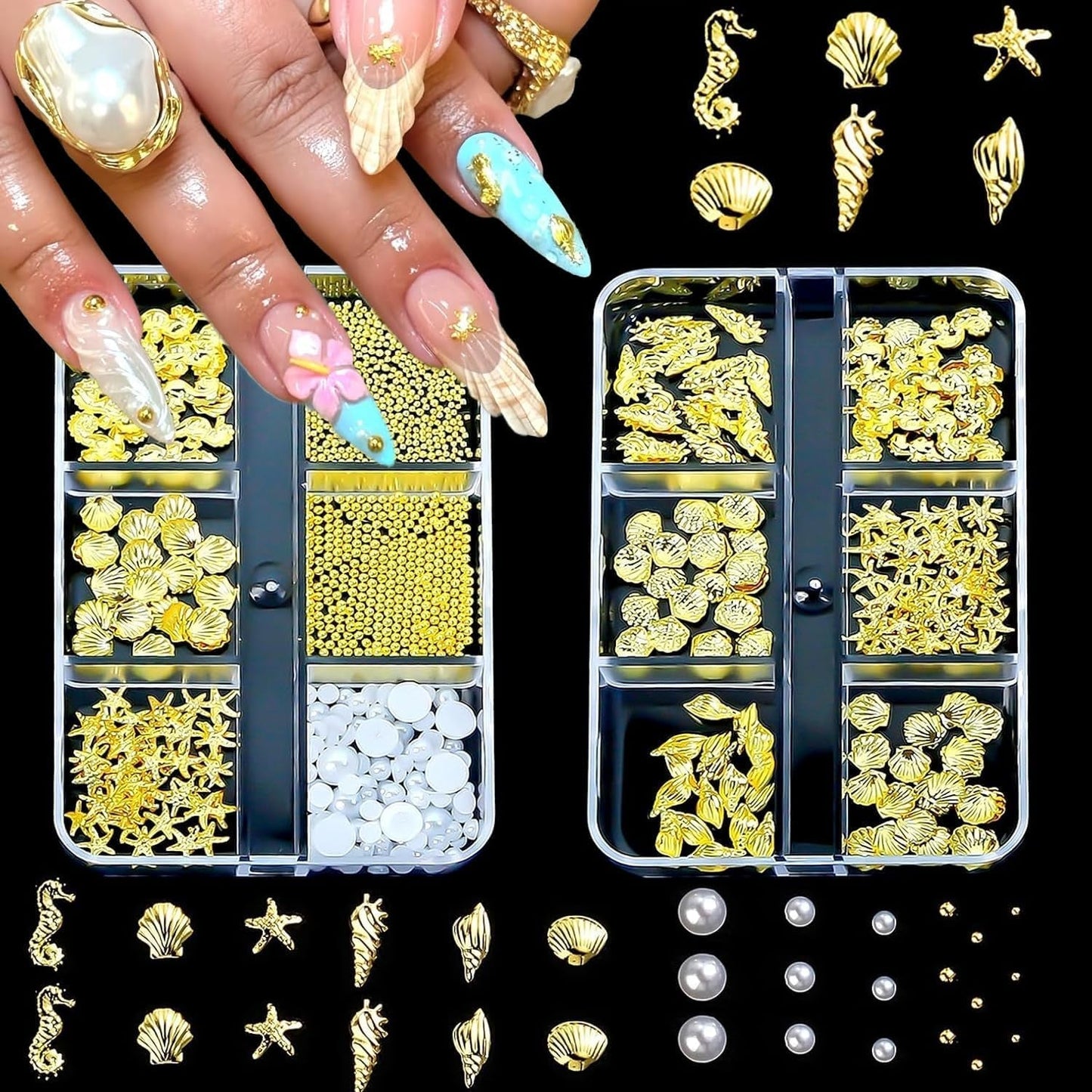 Nail Charms,6 Boxen Gold Silber Nagel Charms 3D Gold Bogen Stern Nail Art Dekoration+6200 Strasssteine ​​​​Bunt Steine ​​​​AB Perlen Diamanten,3D Legierung Bow Nail Gems Nagel Deko Für Frauen Nagel (6-A)