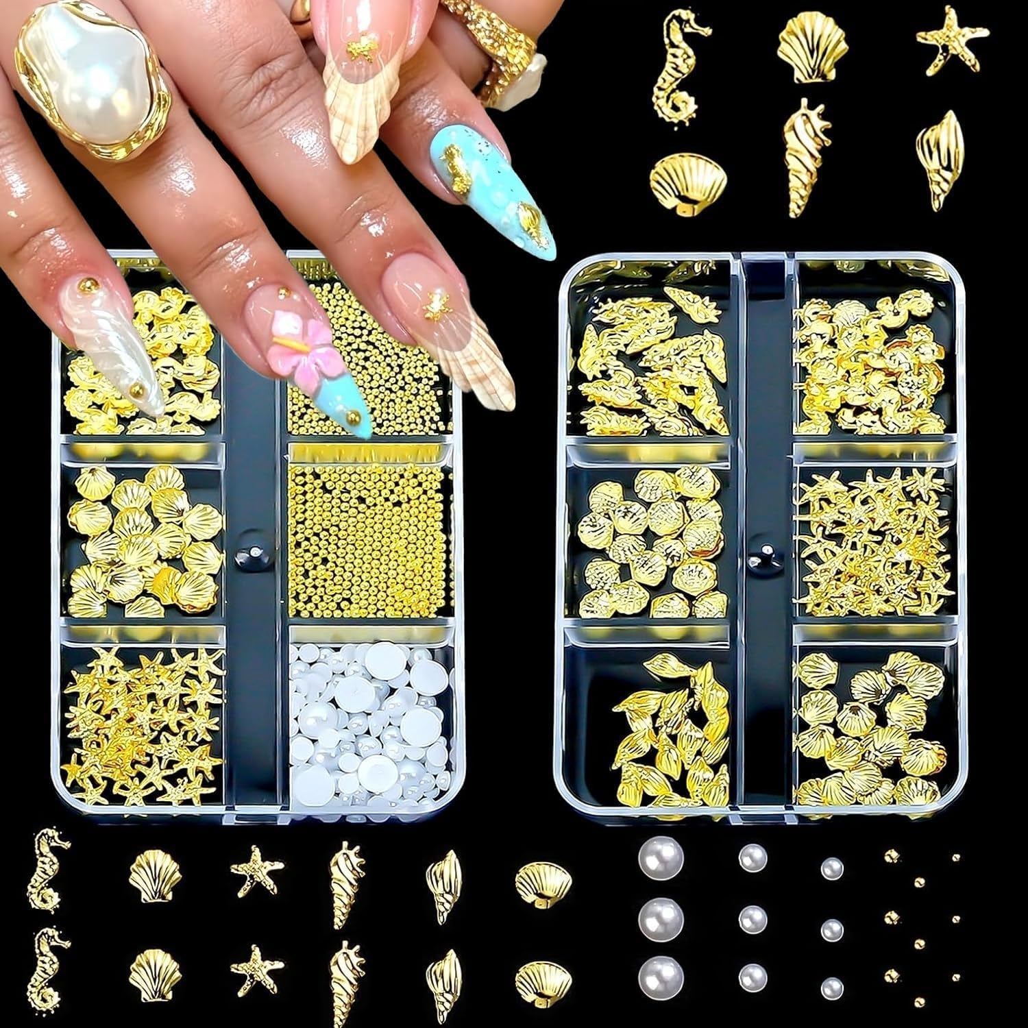 Nail Charms,6 Boxen Gold Silber Nagel Charms 3D Gold Bogen Stern Nail Art Dekoration+6200 Strasssteine ​​​​Bunt Steine ​​​​AB Perlen Diamanten,3D Legierung Bow Nail Gems Nagel Deko Für Frauen Nagel (6-A)