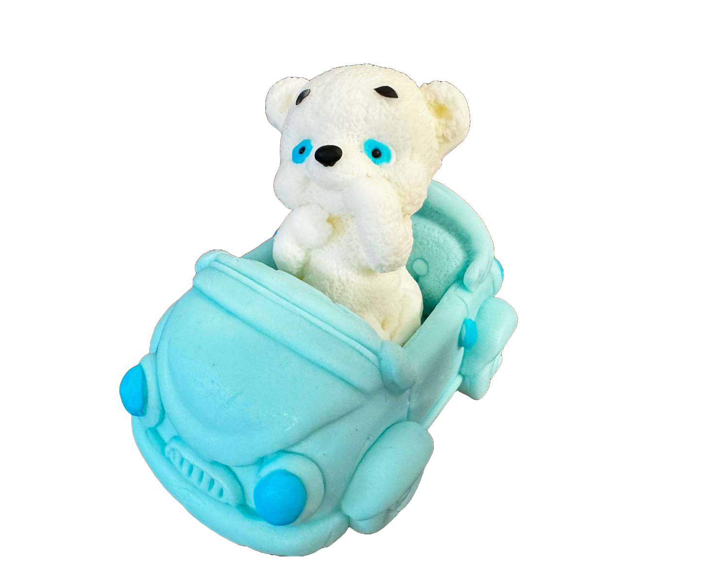 Essbare Dekoration aus Zuckerpaste, Weißer Bär mit blauem Auto. Dekorationen aus Zuckerpaste Naty Shop