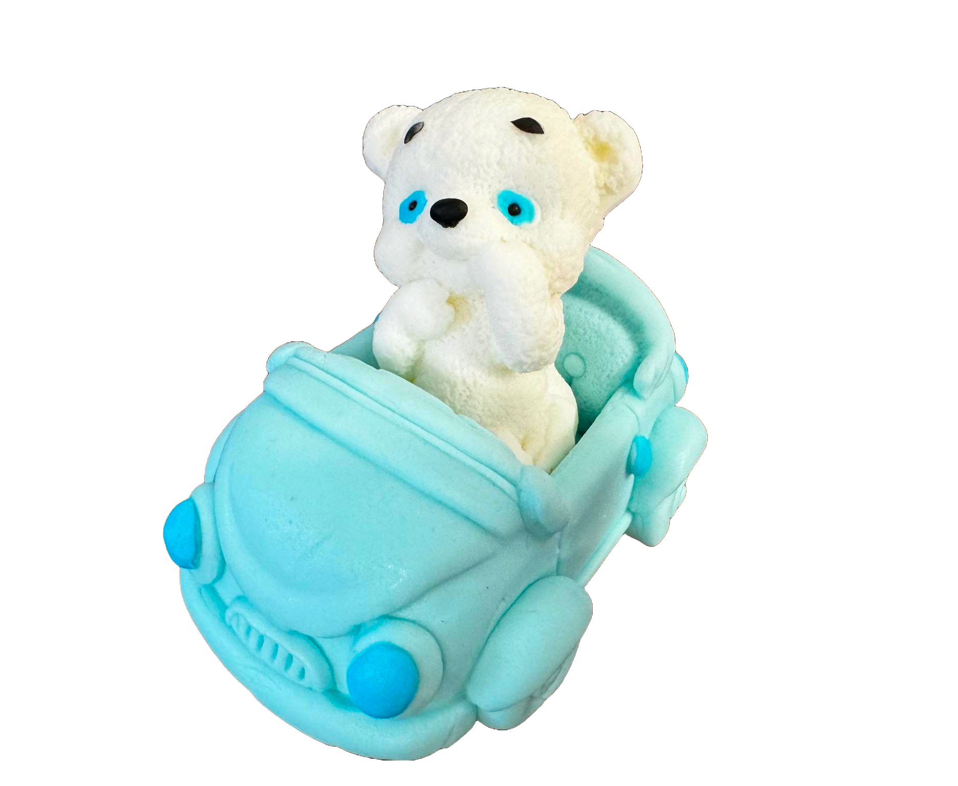 Essbare Dekoration aus Zuckerpaste, Weißer Bär mit blauem Auto. Dekorationen aus Zuckerpaste Naty Shop