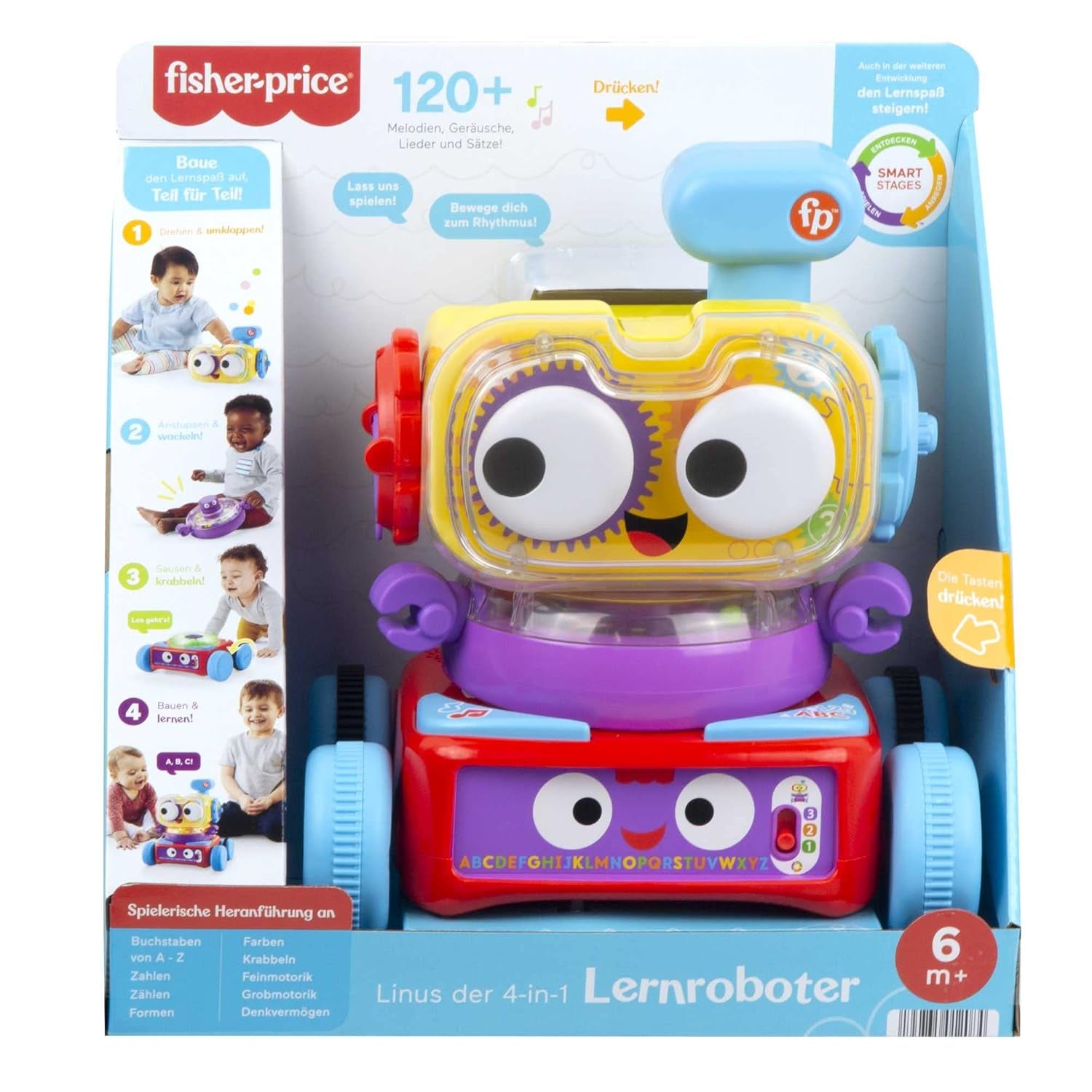Fisher-Price 4-in-1 Lernroboter Linus für Babys und Kleinkinder, Spielzeug ab 6 Monaten – Deutschsprachig, HCK39 Babyspielzeug Naty Shop