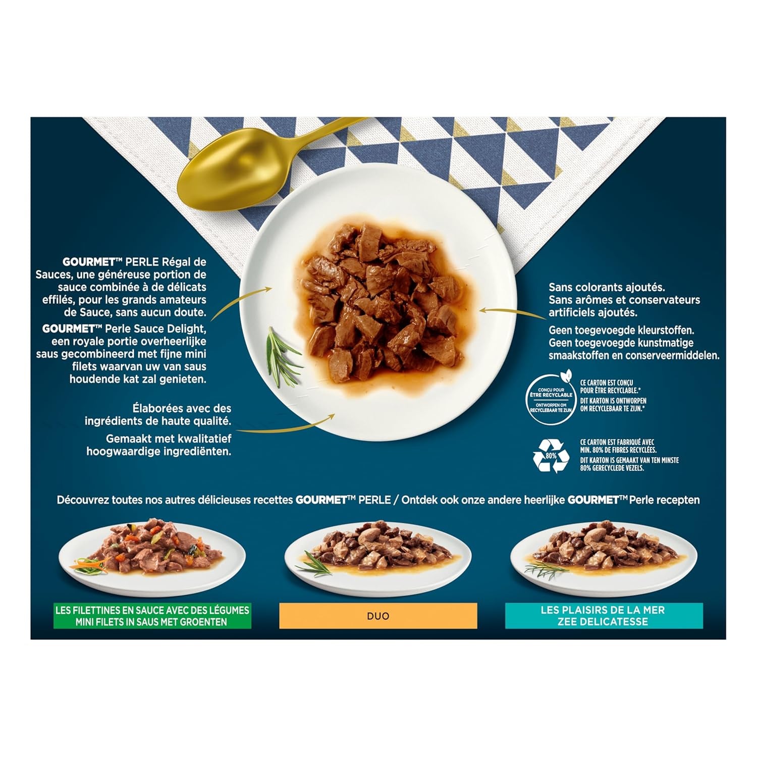 Perle | Saucenhalter | Erwachsene Katze | Rindfleisch, Huhn, Thunfisch, Lachs | 12 x 85g | Frischebeutel (Verpackung kann variieren)