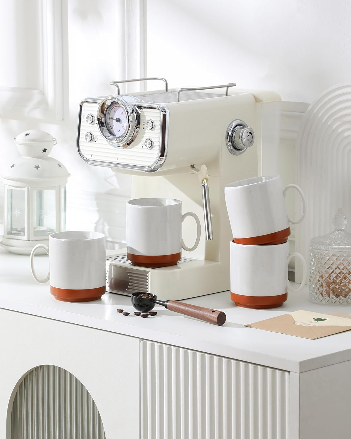 MALACASA Kaffeebecher-Set, 350 ml Steinzeugbecher-Set für 4 Personen, moderne Kaffeebecher für Tee, Saft, Latte, Cappuccino, heiße Schokolade. Spülmaschinen- und mikrowellengeeignet, TARA-Serie, Khakiweiß
