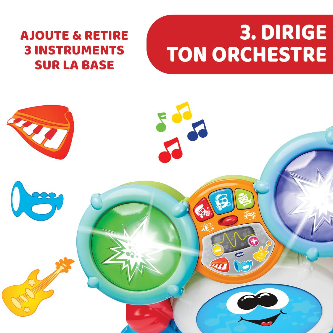 Chicco 00009820100000 Mi First Schlagzeug-Set mit Lichtern und Sounds, 3 Spielmodi, Musikinstrument mit Batterie für Kinder, mehrfarbig, groß, Jucarii Bebe Naty Shop