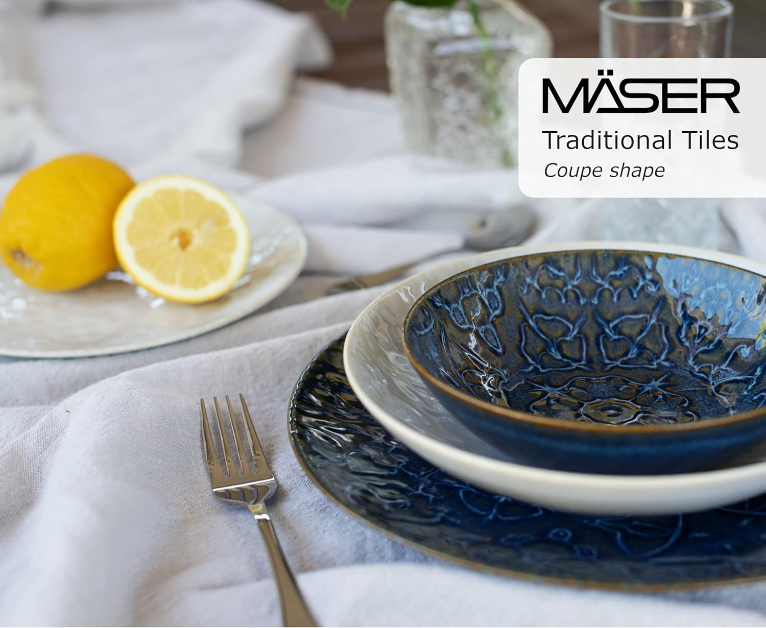 MÄSER 935079 Modernes Vintage-Geschirrset für 2 Personen, maurisches Design, 8-teiliges Tischservice, hochwertige Keramikteller und -schalen, Steinzeug, weiß