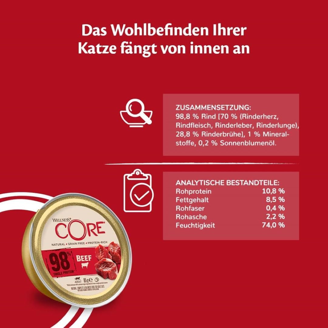 Wellness CORE 98% 12 x 85g, Rind – Nassfutter für Katzen, dicke Pastete, getreidefrei, natürlich, hypoallergen, proteinreich, reich an Fleisch