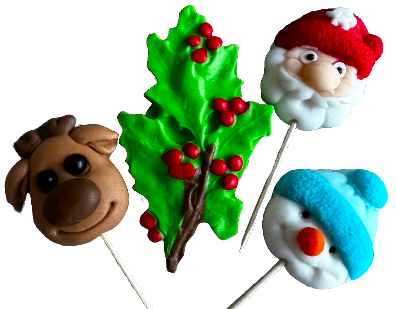 Set mit 4 essbaren Dekorationen aus Zuckerpaste, Weihnachtsdekorationen, Rentier, Schneemann, Baum und Weihnachtsmann. Dekorationen aus Zuckerpaste, Naty Shop