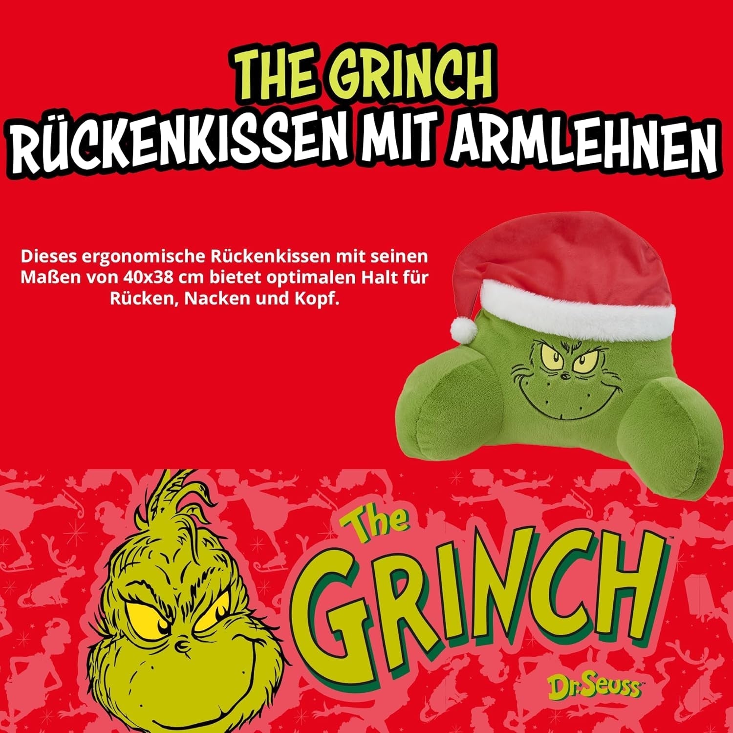 Grinch Pillow – Rückenkissen für Bett und Sofa, Rückenstütze mit Armlehnen, Lesekissen für Rücken, Nacken und Kopf, grün, 40 x 38 cm