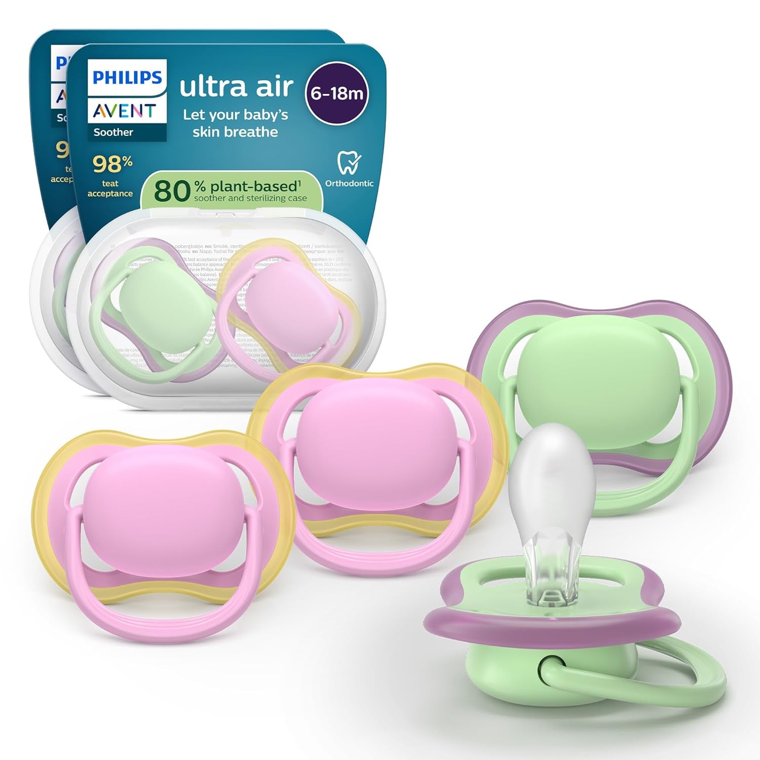 Philips AVENT Ultra Air-Schnuller – 4er-Pack BPA-freie, atmungsaktive Schnuller für Babys von 6–18 Monaten, inklusive Tragetasche und Sterilisation, Schildkröten-/Wal-Muster (Modell SCF085/66)