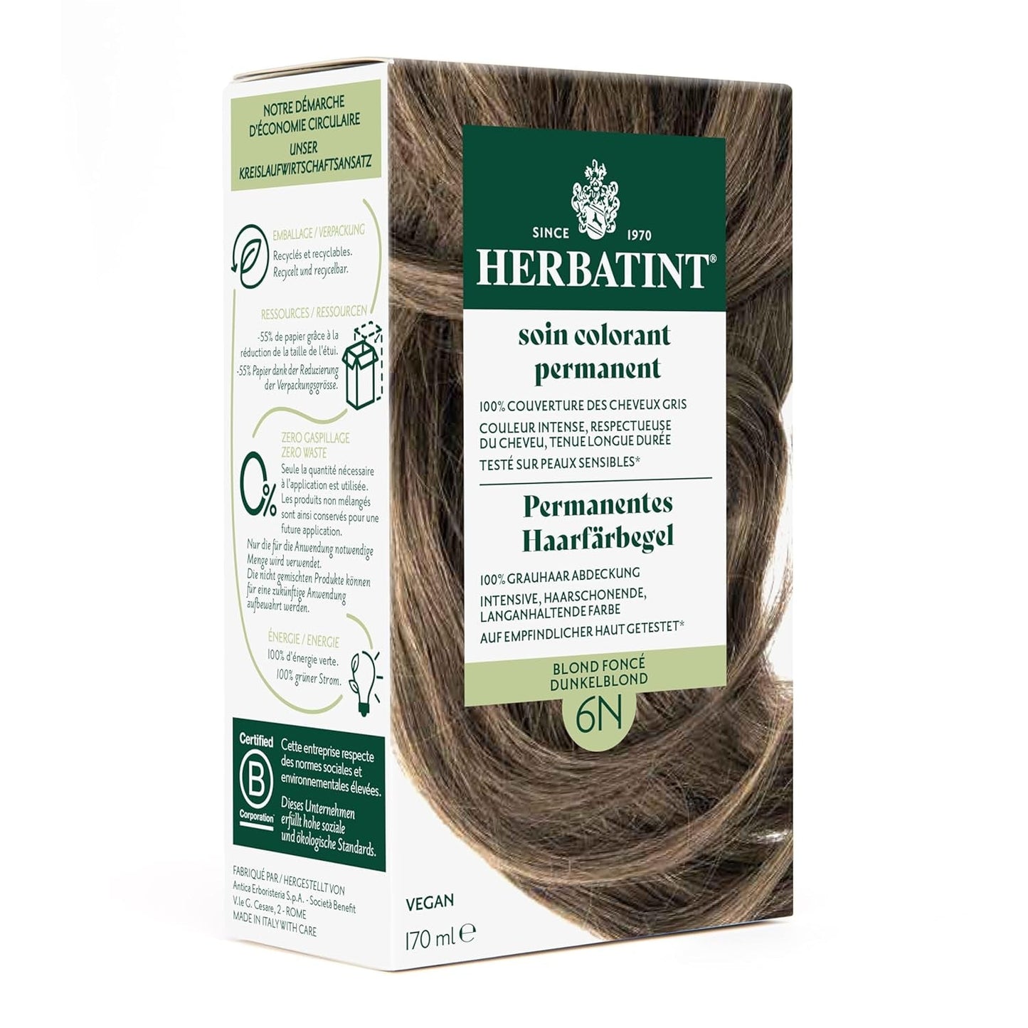 Permanentes Haarfärbegel 6N Dunkelblond – 170 ml I Ammoniakfrei, 100 % Abdeckung von grauem Haar I Getestet auf empfindlicher Haut, mit 8 Pflanzenextrakten Haarfärbemittel Naty Shop 6N Dunkelblond