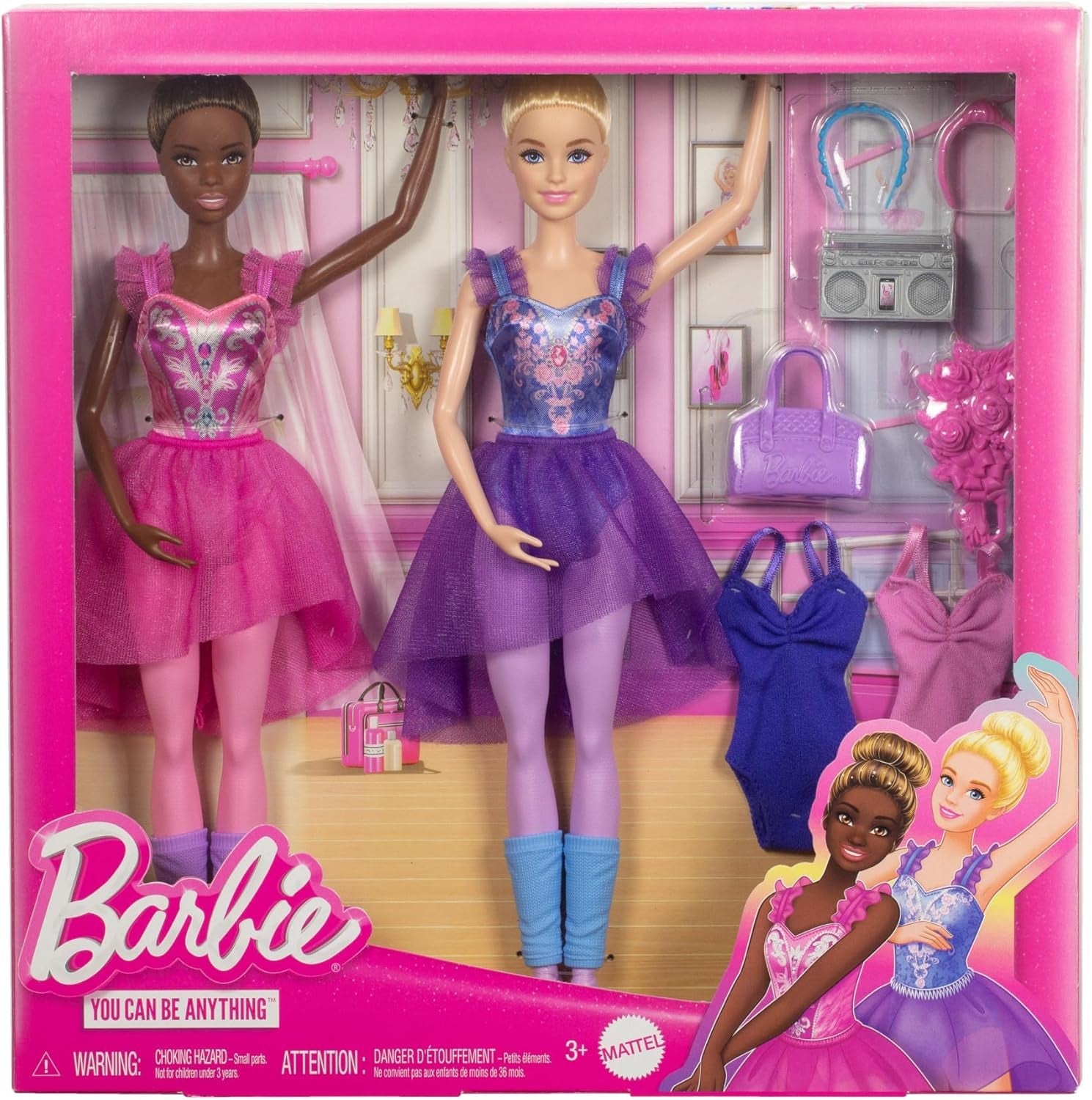 Barbie Ballettstudio Set mit 2 Puppen und 9 Zubehörteilen, blonde und brünette Ballerina-Modepuppen mit aussietzem Outfit und zum Tanzmotto passenden Teilen, HXC37, [Mehrfarbig]