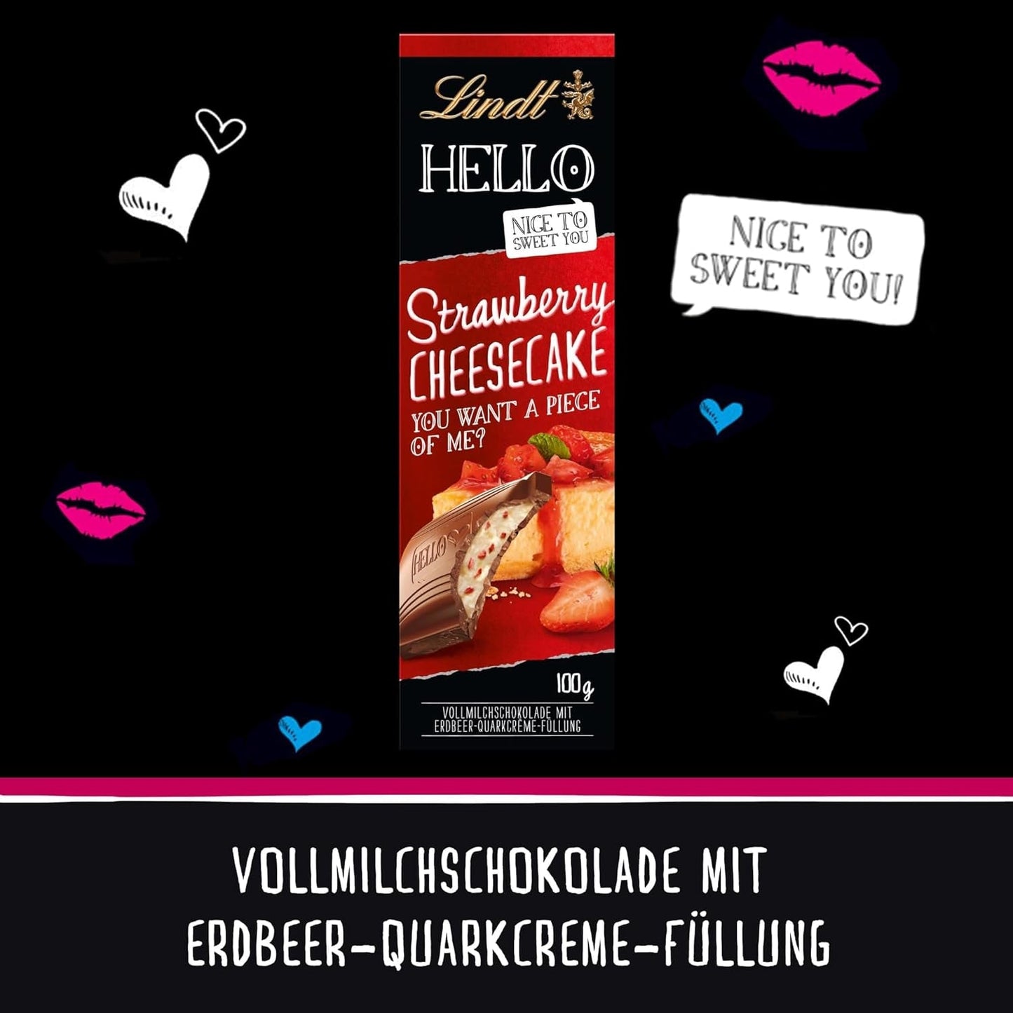 Lindt HELLO Erdbeer-Schokoladen-Käsekuchen | Riegel 100g | Milchschokolade mit Erdbeer-Quark-Creme-Füllung | Schokoriegel | Schokoladengeschenk (5er-Pack)