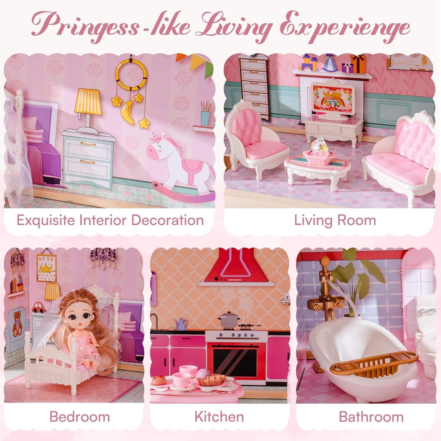 ROBUD Kinder-Puppenhaus aus Holz, Puppenhaus, Spielzeug, Geschenk für Mädchen und Jungen im Alter von 3 4 5 6 Jahren