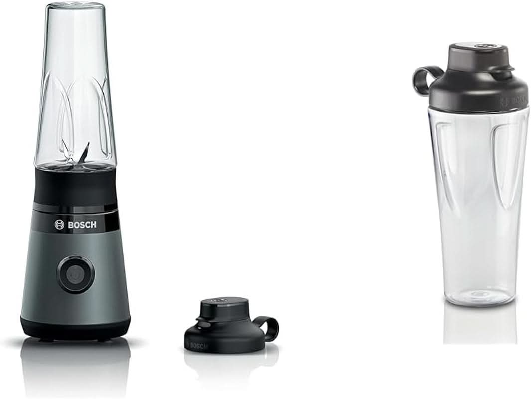 Bosch Mini-Standmixer Vitapower Serie 2 MMB2111S, Highspeed-Mixer, Bis Zu 40.000 U/min, Tritan Togo-Flasche 0,6 L, Trinkdeckel, Bruchsicher, Spülmasch.Geeignete Teile, 450W, Silber/Schwarz Kitchen Naty Shop Bundle Mit Togo-Flasche Silber / Schwarz