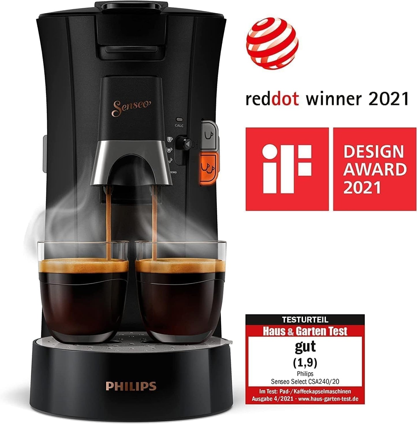 PHILIPS Senseo Select Kapsel-Espressomaschine mit Auswahl der Kaffeeintensität und Memory-Funktion, aus recyceltem Kunststoff, Farbe: Schwarz (CSA240/60)