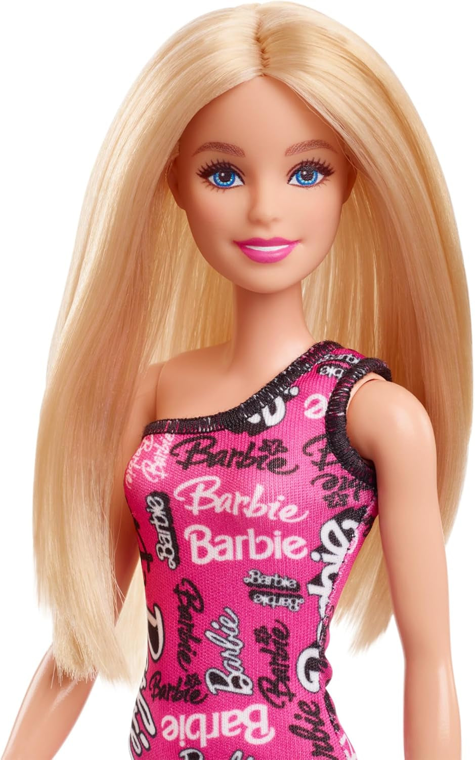 Modische Barbie-Puppe mit glattem blonden Haar in einem rosa abnehmbaren One-Shoulder-Kleid und Schuhen mit aufgedrucktem Logo, HRH07