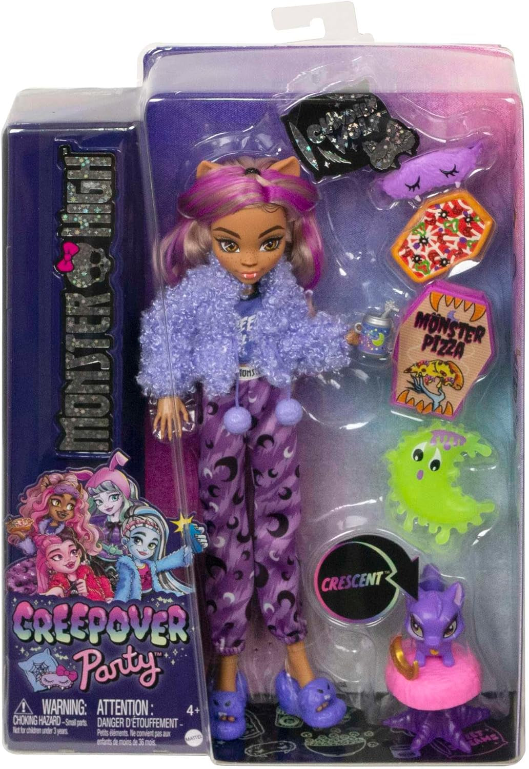 MONSTER HIGH Puppen- und Übernachtungszubehör, Clawdeen-Wolf-Puppe mit Haustierkatze, Halbmond, Creepover-Party, HKY67