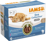 IAMS Delights Sea Collection Getreidefreies Nassfutter für Katzen – Multipack mit verschiedenen Fischsorten in Sauce, getreidefreies Nassfutter für Katzen ab 1 Jahr, 12 x 85 g