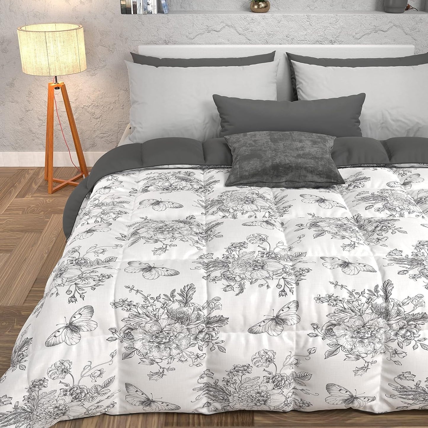 PETTI Artigiani Italiani – Winterdecke, Winterdecke, einfache Steppdecke, doppelseitig, einfarbig und Digitaldruck, 100 % hypoallergene Mikrofaser, hergestellt in Italien. Steppdecken und Steppdecken Naty Shop Botanic 03 Grau Einzelbett