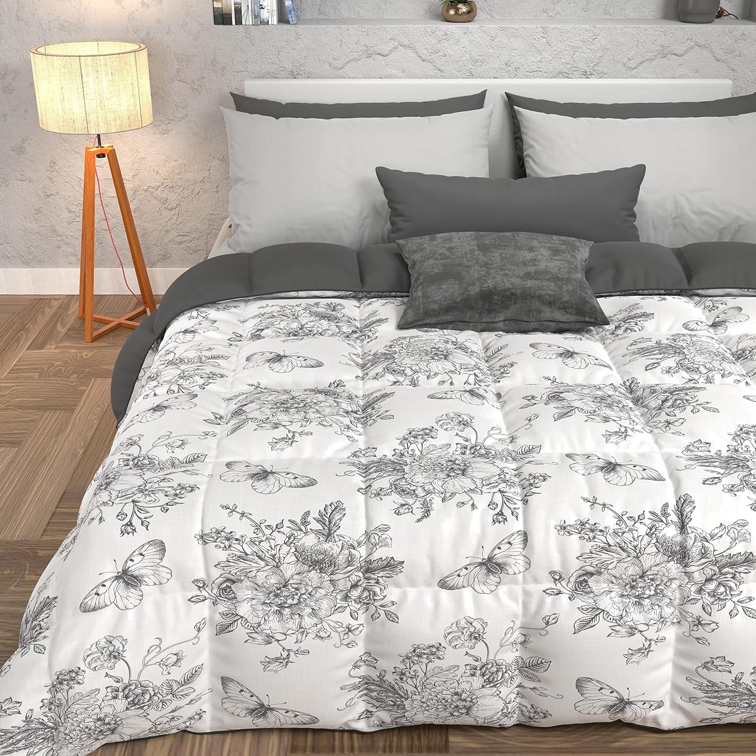 PETTI Artigiani Italiani – Winterdecke, Winterdecke, einfache Steppdecke, doppelseitig, einfarbig und Digitaldruck, 100 % hypoallergene Mikrofaser, hergestellt in Italien. Steppdecken und Steppdecken Naty Shop Botanic 03 Grau Einzelbett