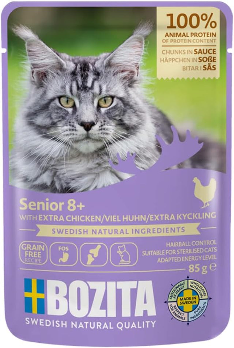 Bozita Senior 8+ Mound Nassfutter für Katzen mit Getreide und viel Huhn – 12 Beutel x 85 g, getreide- und weizenfreies Nassfutter für Katzen – Nassfutter für Katzen mit 8,5 % Protein und 4,5 % Fett