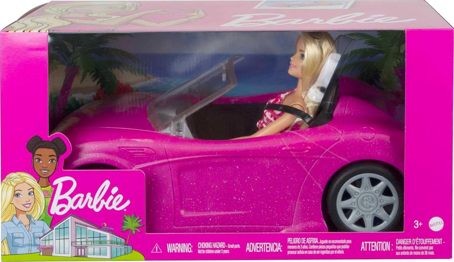 Barbie-Puppe und rosa glitzerndes Cabriolet, realistische Reifen, Logo, Spielzeug für Kinder ab 3 Jahren, DJR55