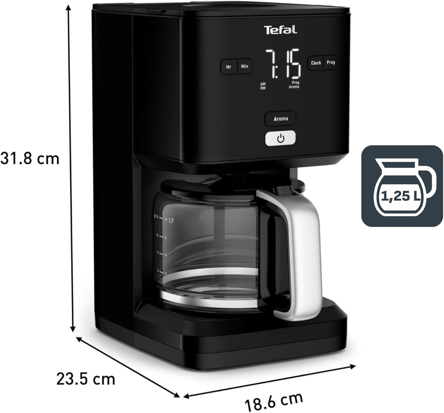 Tefal Smart'n Light Espressomaschine mit Timer, Espressomaschine mit programmierbarem Filter 1,25 l, Aromafunktion für intensives Aroma, Warmhaltefunktion, Anti-Tropf und leicht zu reinigen, Schwarz