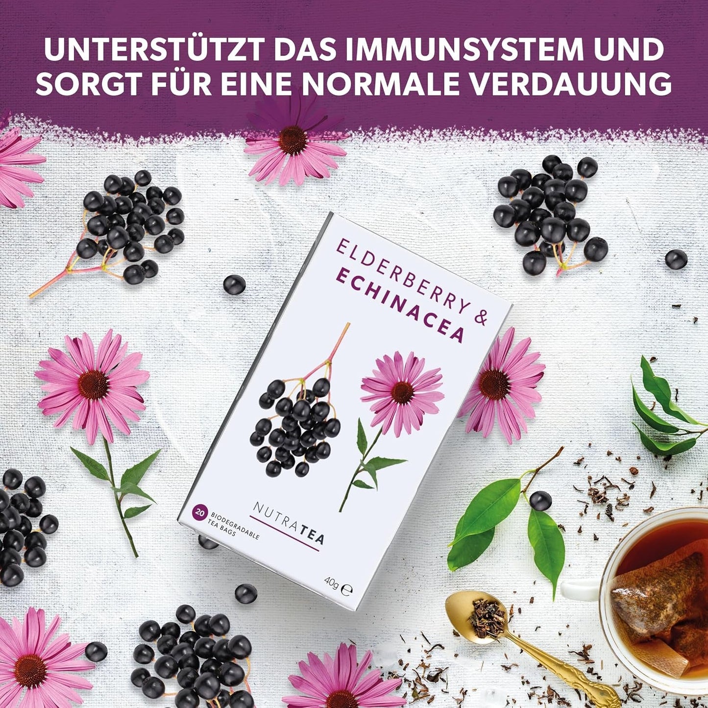 Nutra Tea Holunder & Echinacea, Immunitäts- und Erkältungstee, Tee zur Immununterstützung, Erkältungsbekämpfung, 20 wiederverwendbare Teebeutel, natürlicher Kräutertee