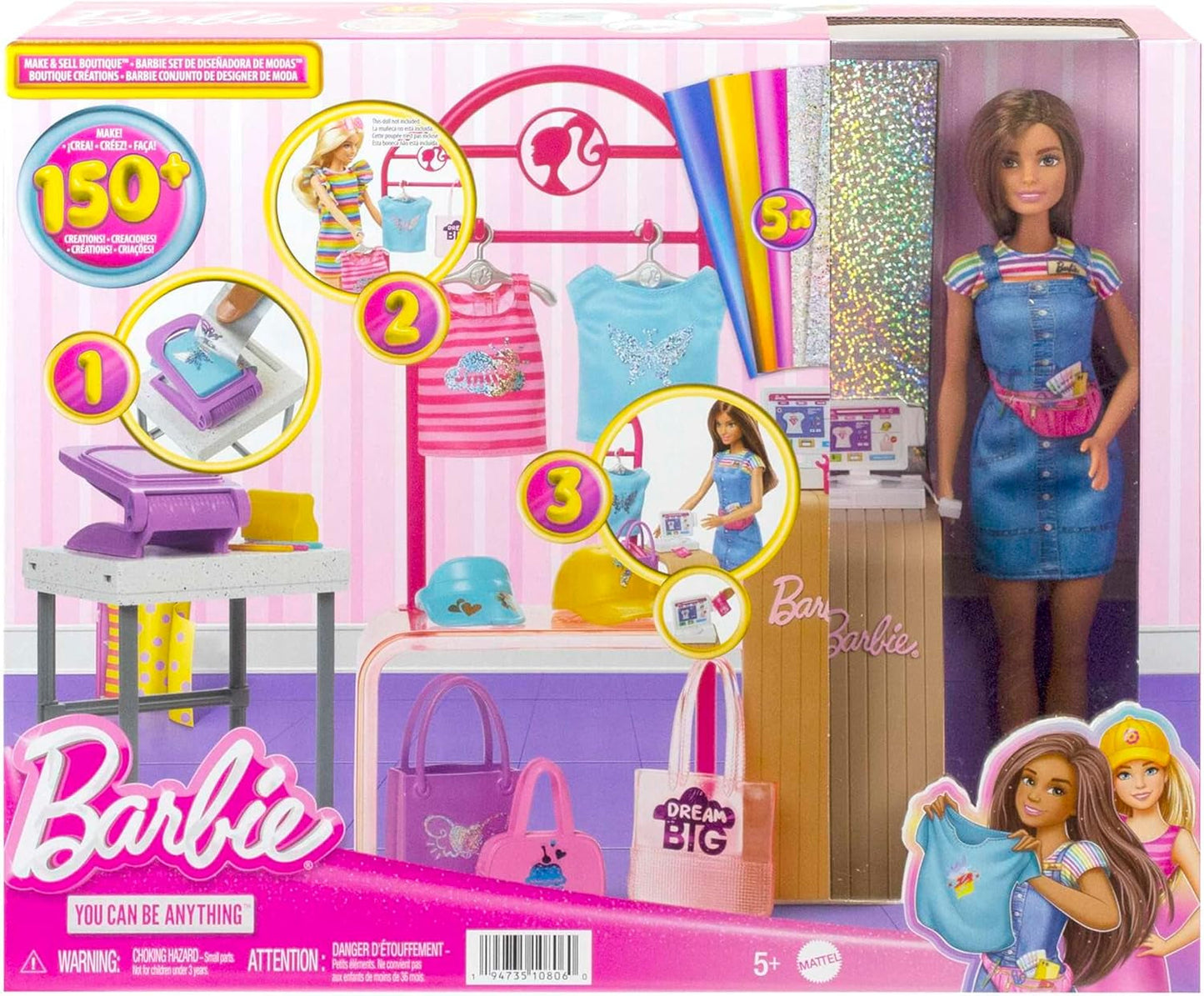 Barbie Fashion Boutique Spielset – Puppe mit Folienmuster, über 150 originelle Looks, inklusive 2 Blusen und 5 Folienlaken, Kleiderständer und Kreditkartenleser, ab 3 Jahren, HKT78