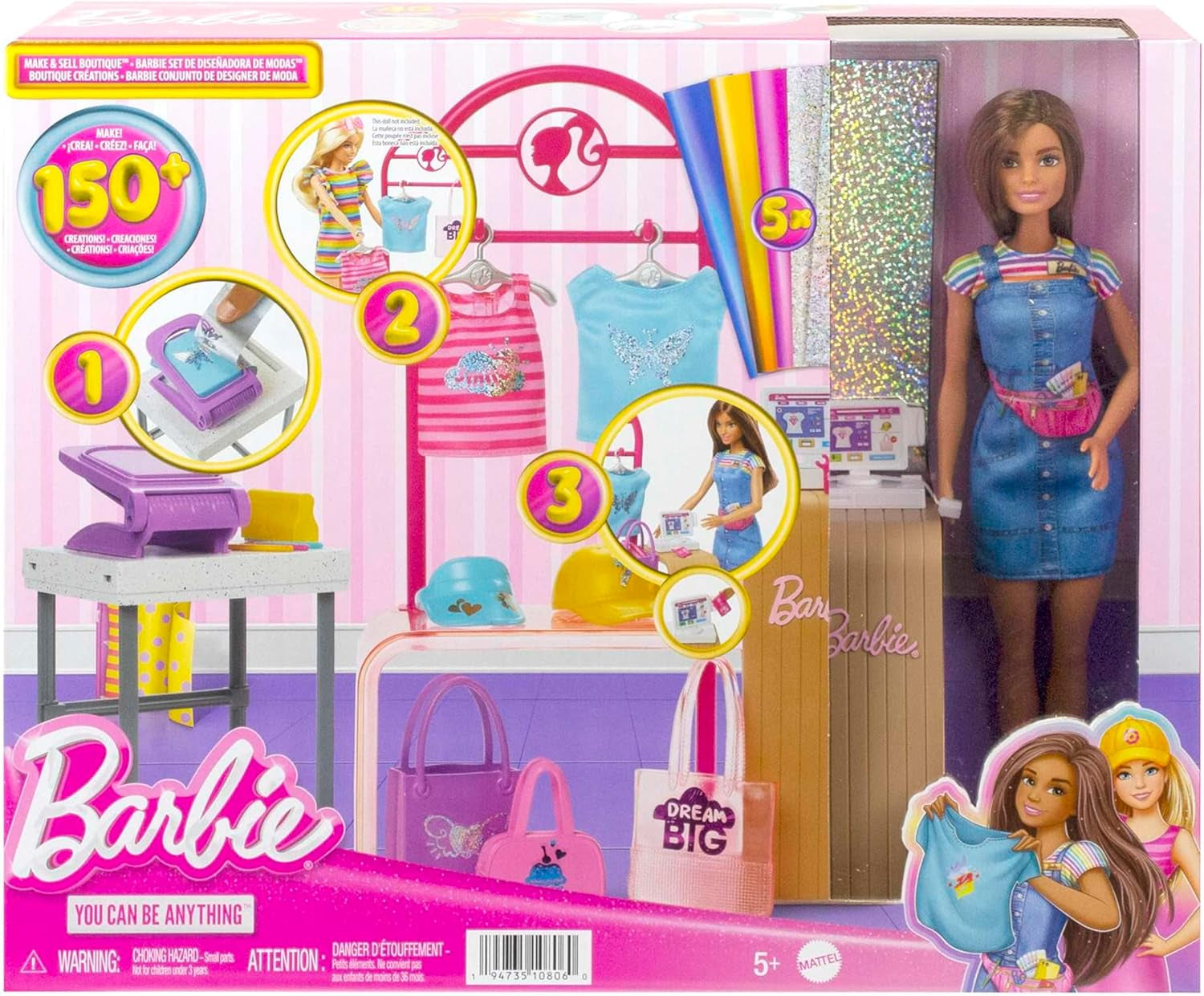 Barbie Fashion Boutique Spielset – Puppe mit Folienmuster, über 150 originelle Looks, inklusive 2 Blusen und 5 Folienlaken, Kleiderständer und Kreditkartenleser, ab 3 Jahren, HKT78