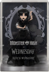 Monster High Wednesday-Puppe, Rave'N Wednesday-Sammelfigur in schwarzem Gothic-Kleid, inspiriert von der Tanzszene, Premium-Zubehör und Puppenständer, HXJ03
