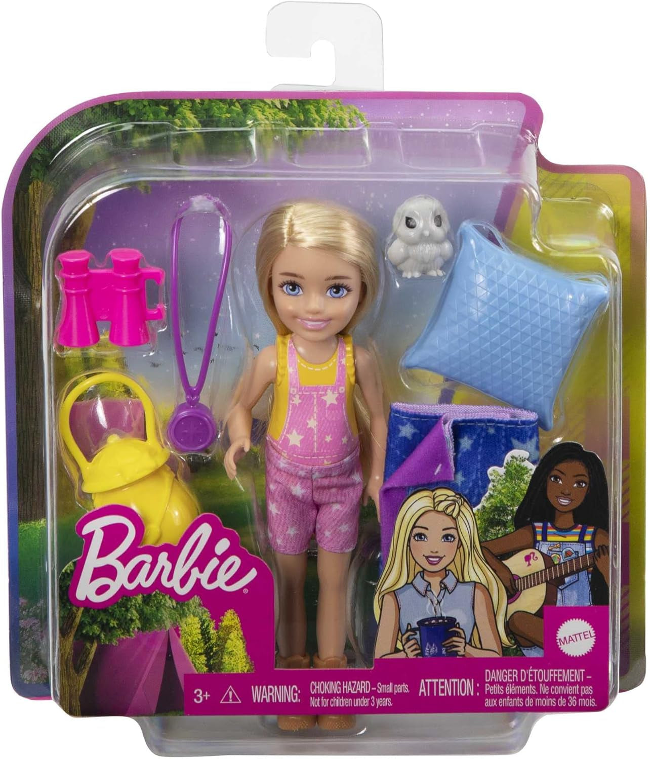 Barbie Chelsea-Serie, Chelsea-Puppe Camping mit blonden Haaren, Haustier-Eule, Schlafsack, Kissen, Taschenlampe, Fernglas, Camping-Zubehör, Kindergeschenk, Spielzeug für 3 Jahre und älter, HDF77