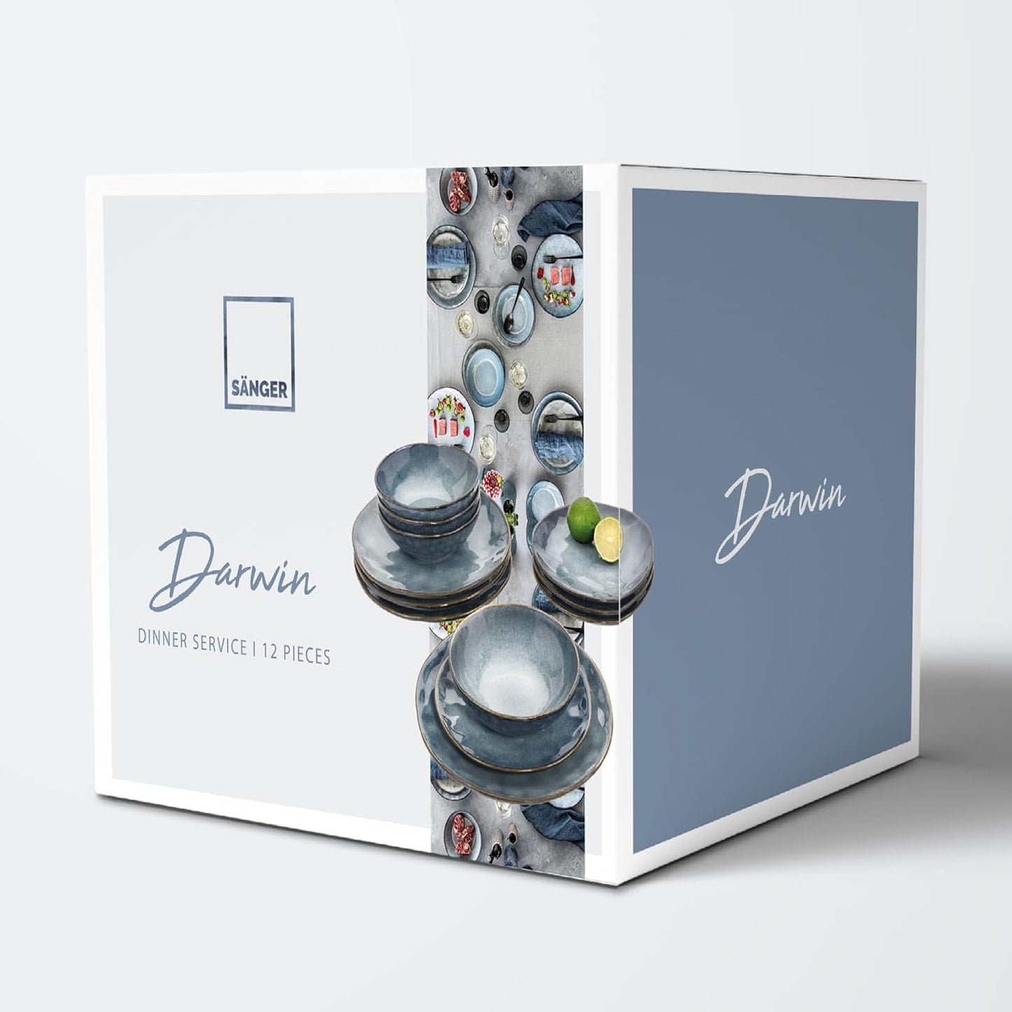 SANGER | Darwin 12-teiliges Geschirrset, Steinzeug-Geschirrset für 4 Personen, blaues Geschirrset mit Speisetellern, Desserttellern und Suppentellern, handgefertigtes Geschirrset | DIE PREMIUM-KOLLEKTION