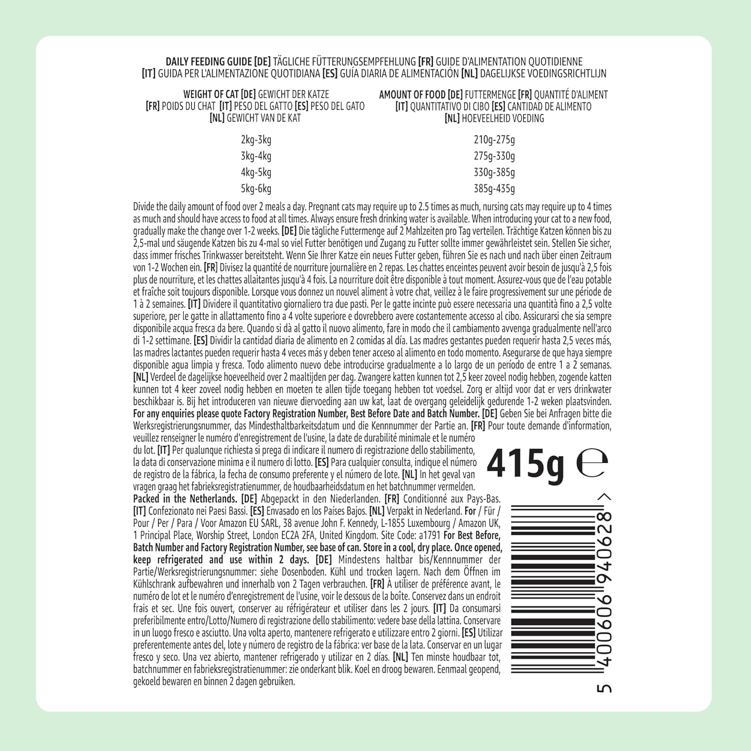 Amazon getreidefreies Nassfutter für Katzen in Dosen mit Hühnerflecken, 12 x 400 g