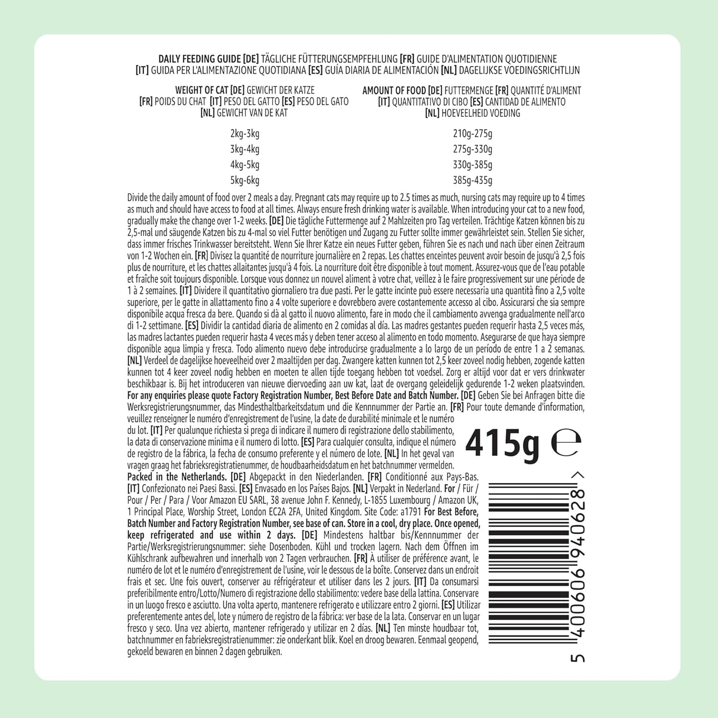 Amazon Getreidefreies Nassfutter für Katzen, Hühnerstücke in Gelee in Dosen, 12 x 405 g