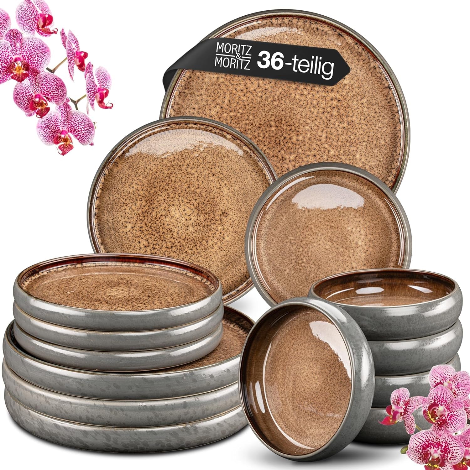 Moritz & Moritz SOLID 36-tlg Steinzeug Geschirr Set 12 Personen - Geschirrset 12 Personen aus je 12 Dinner Teller, Kleiner Teller, Tiefe Teller