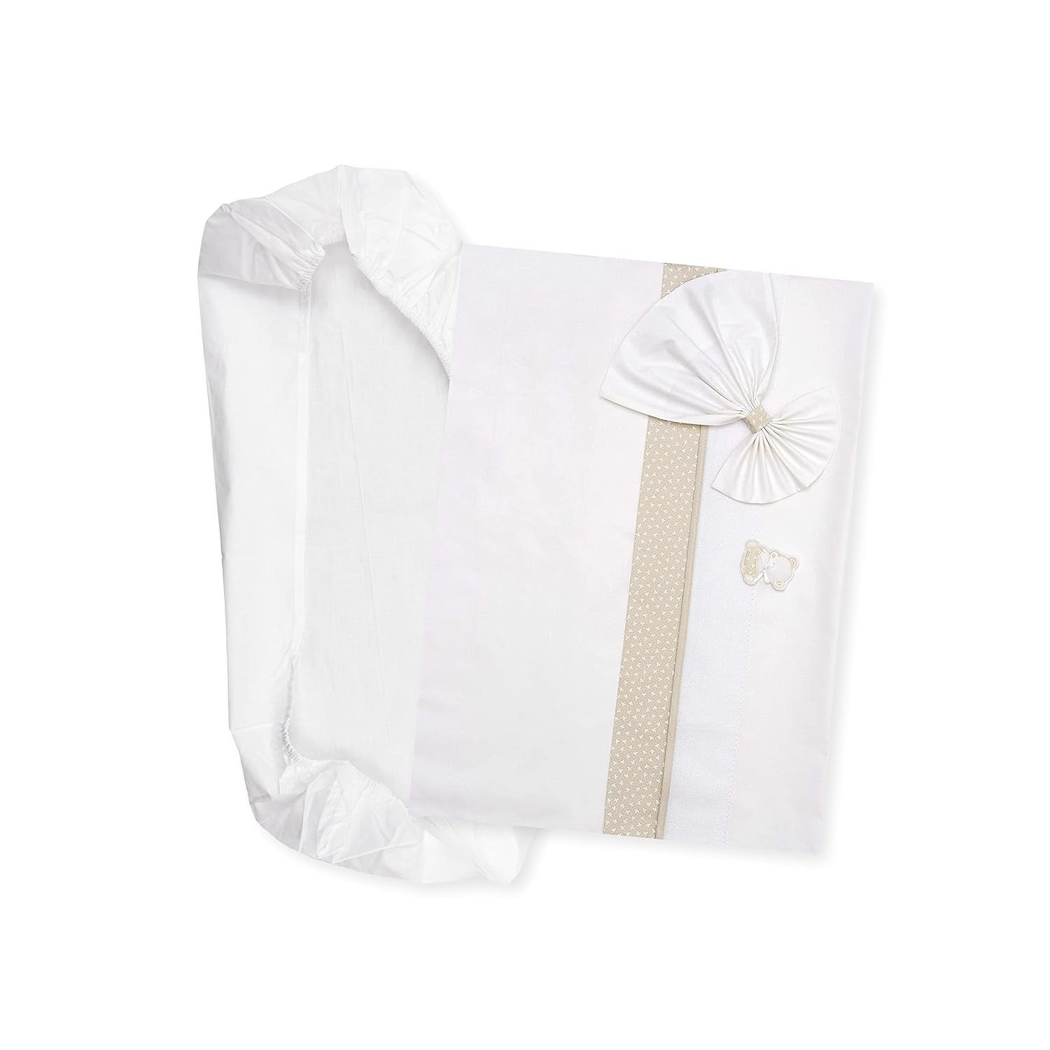 Weißes und rosafarbenes Babybett-Bettwäscheset, 1 Spannbettlaken, 1 Oberlaken mit Aida-Bandstickerei und 1 Kissenbezug, 100 % Baumwolle, hergestellt in Italien. Naty Shop Taupe Quilts & Quilts