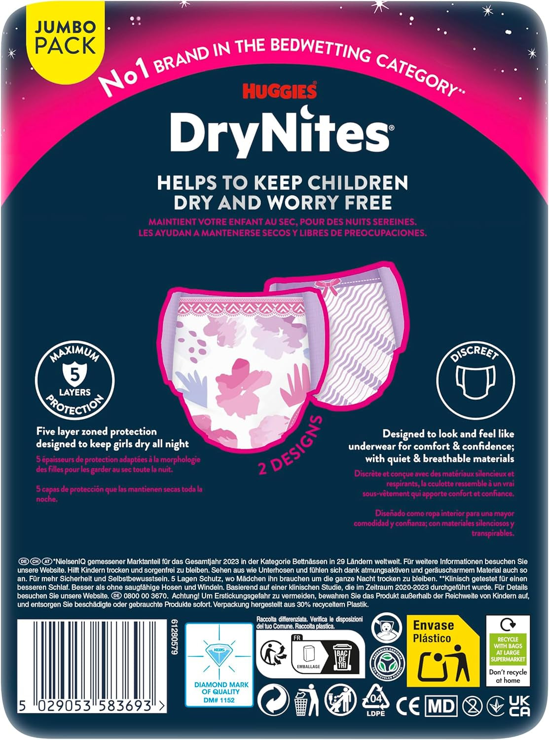 Huggies DryNites Windeln gegen Bettnässen bei Nacht für Mädchen im Alter von 13 bis ca. 17 Jahren (48–60 kg), 33 Stück (3 x 11), Jumbo-Monatspackung, XL-Windelhöschen