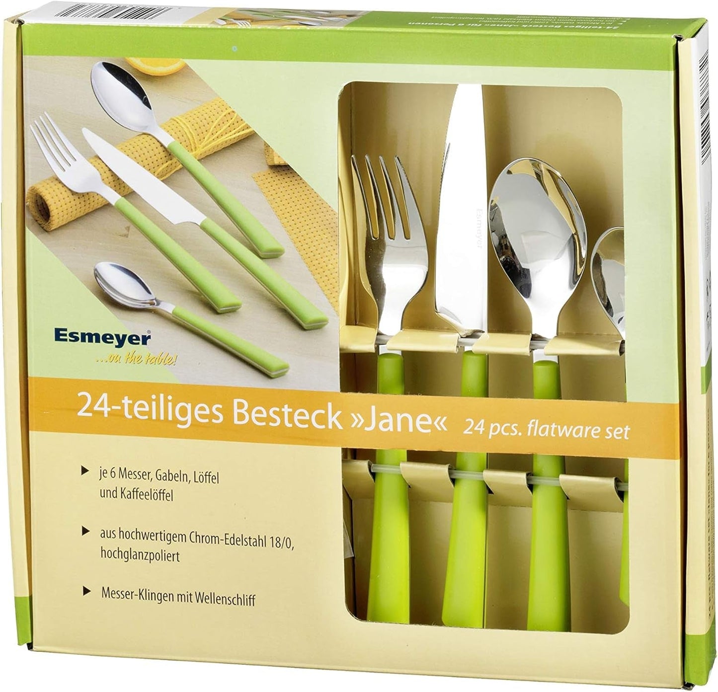 JANE Besteck, polierter Edelstahl 18/0, grüne Kunststoffgriffe, 24-teilig Kitchen Naty Shop
