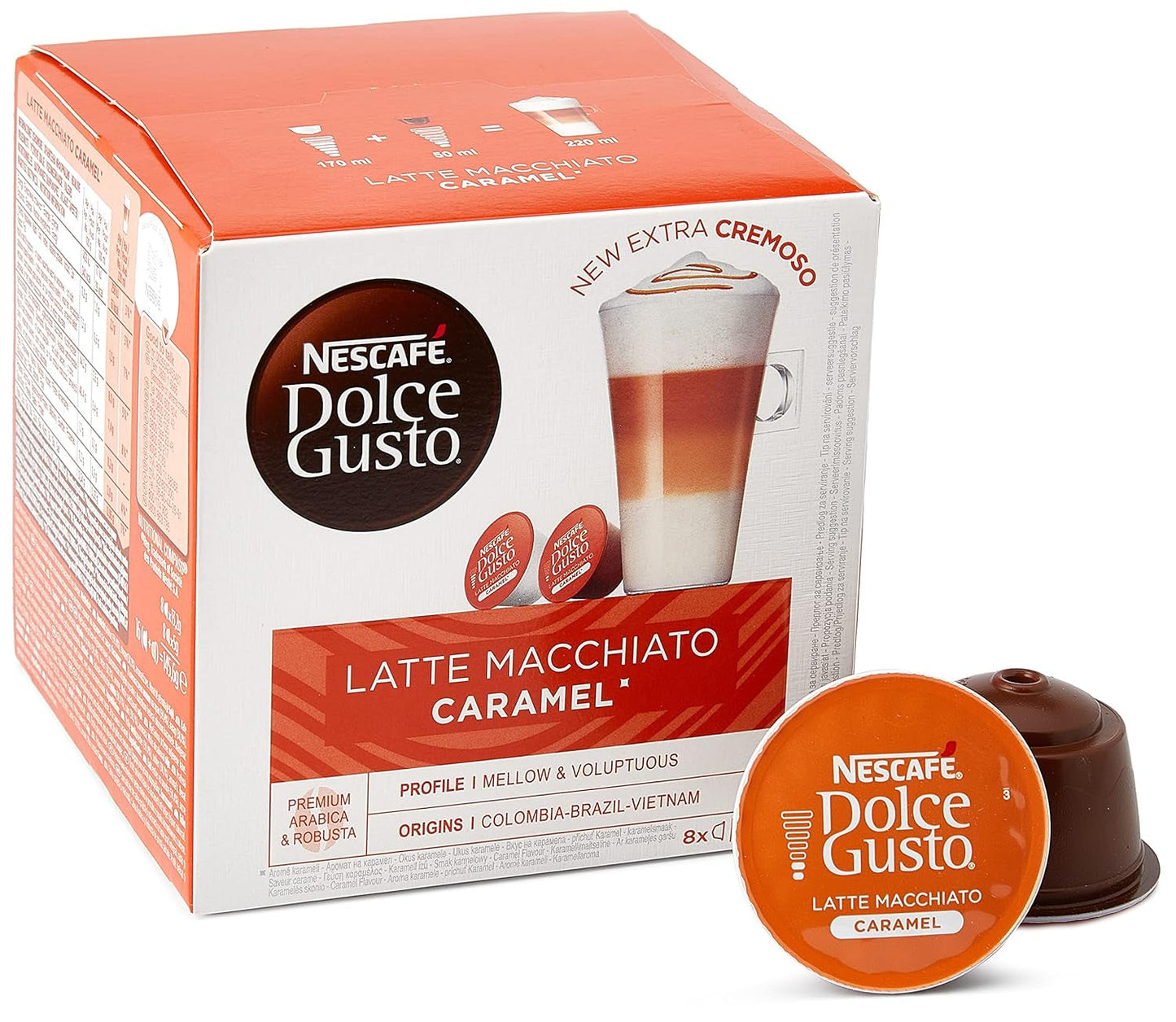 Flat White, 48 Kaffeekapseln, Arabica und Robusta Bohnen & Latte Macchiato Caramel, 48 Kaffeekapseln